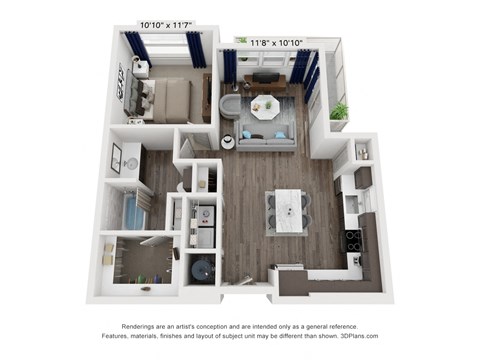 A 3D floor plan of a small apartment with a kitchen, living room, and bathroom.